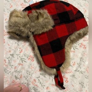 Cat & Jack Red and Black Plaid Kids Hat with Faux Fur